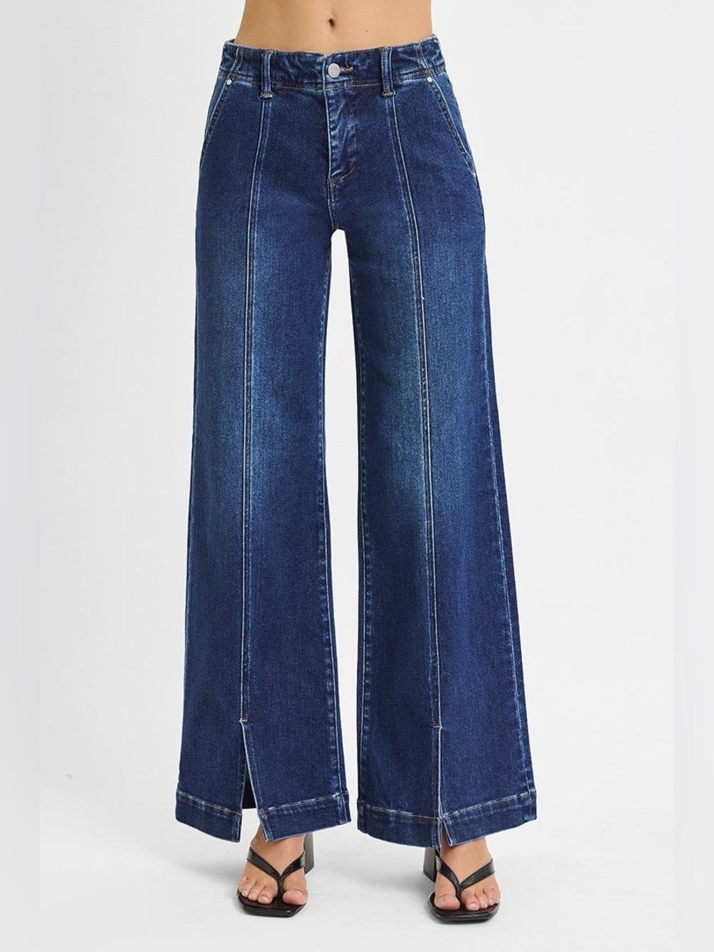 RDP5930 DARK Risen Tummy Control High Rise Wide Leg With Front Slit Jeans